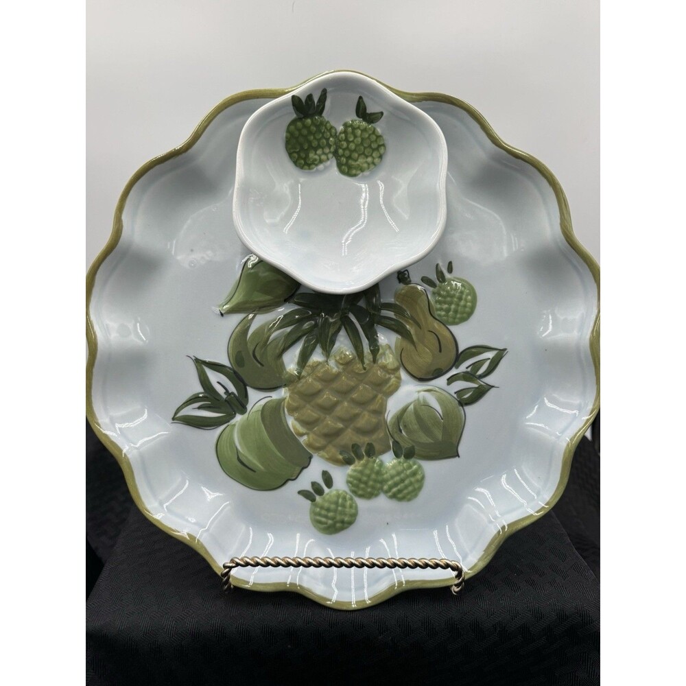 Los Angeles Potteries Serving Platter Attached Dip Bowl Green & Blue Vintage '67
